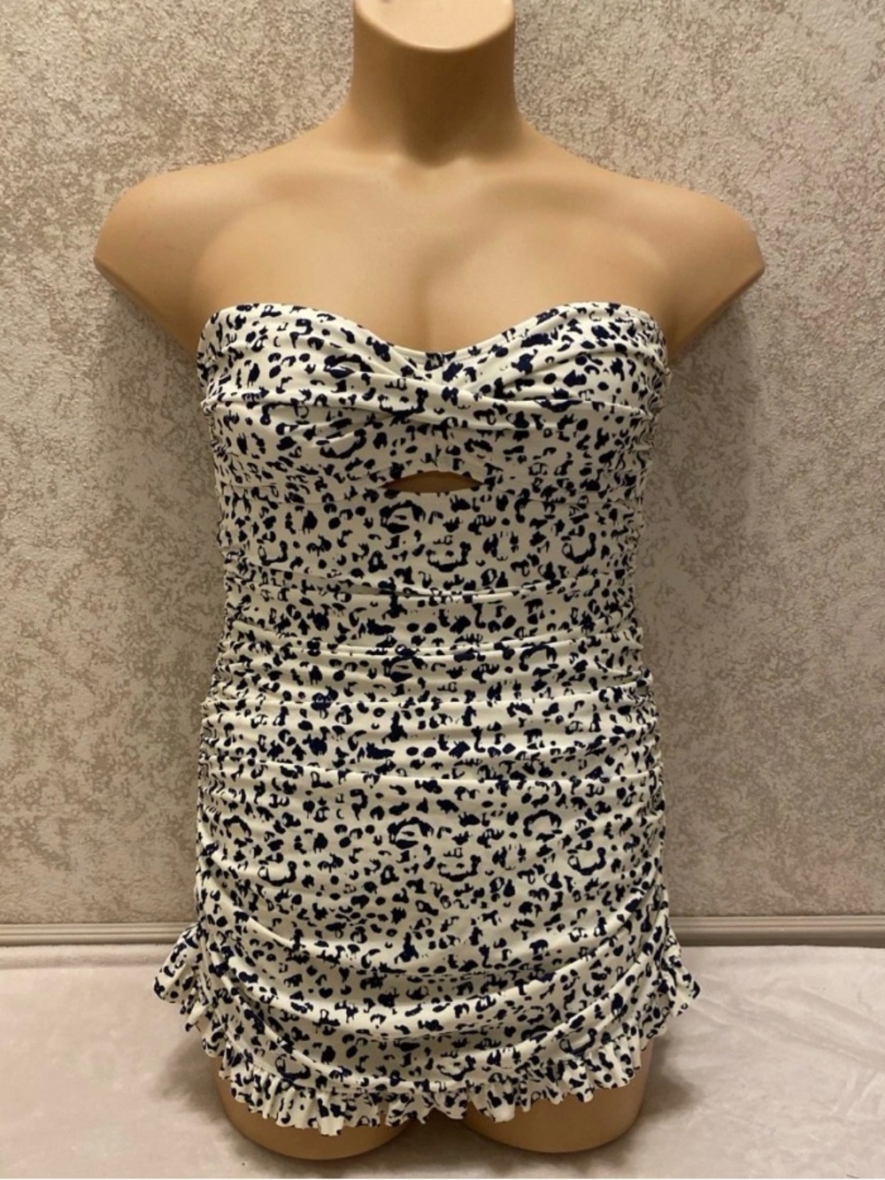 Nicole Miller Black and Ivory Strapless Ruched One-Piece Swimdress Suit